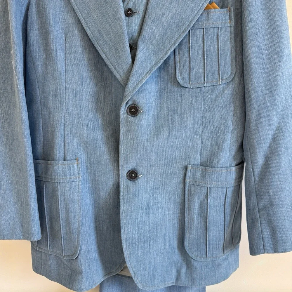 Tobias LA Men's VTG 70s Light Blue Denim Look Leisure Suit Three Piece Size 42 - Picture 4 of 16